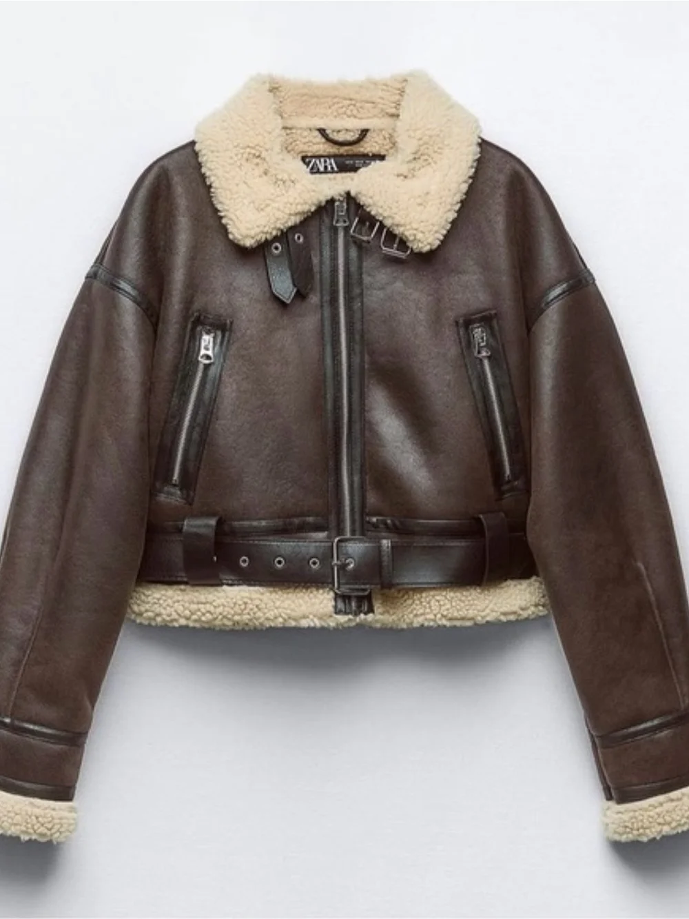 Zara Dark Brown Shearling-Trim Leather Aviator Jacket - Picture 3 of 3